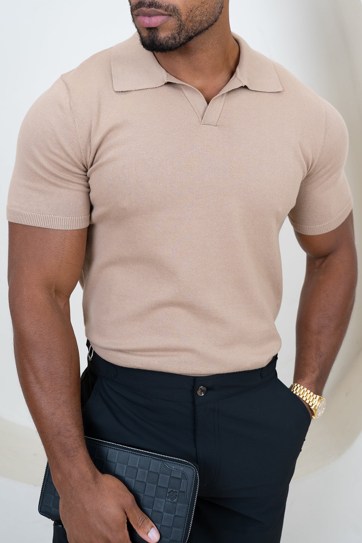 Slim Fit Knitted Open Neck Polo - Taupe