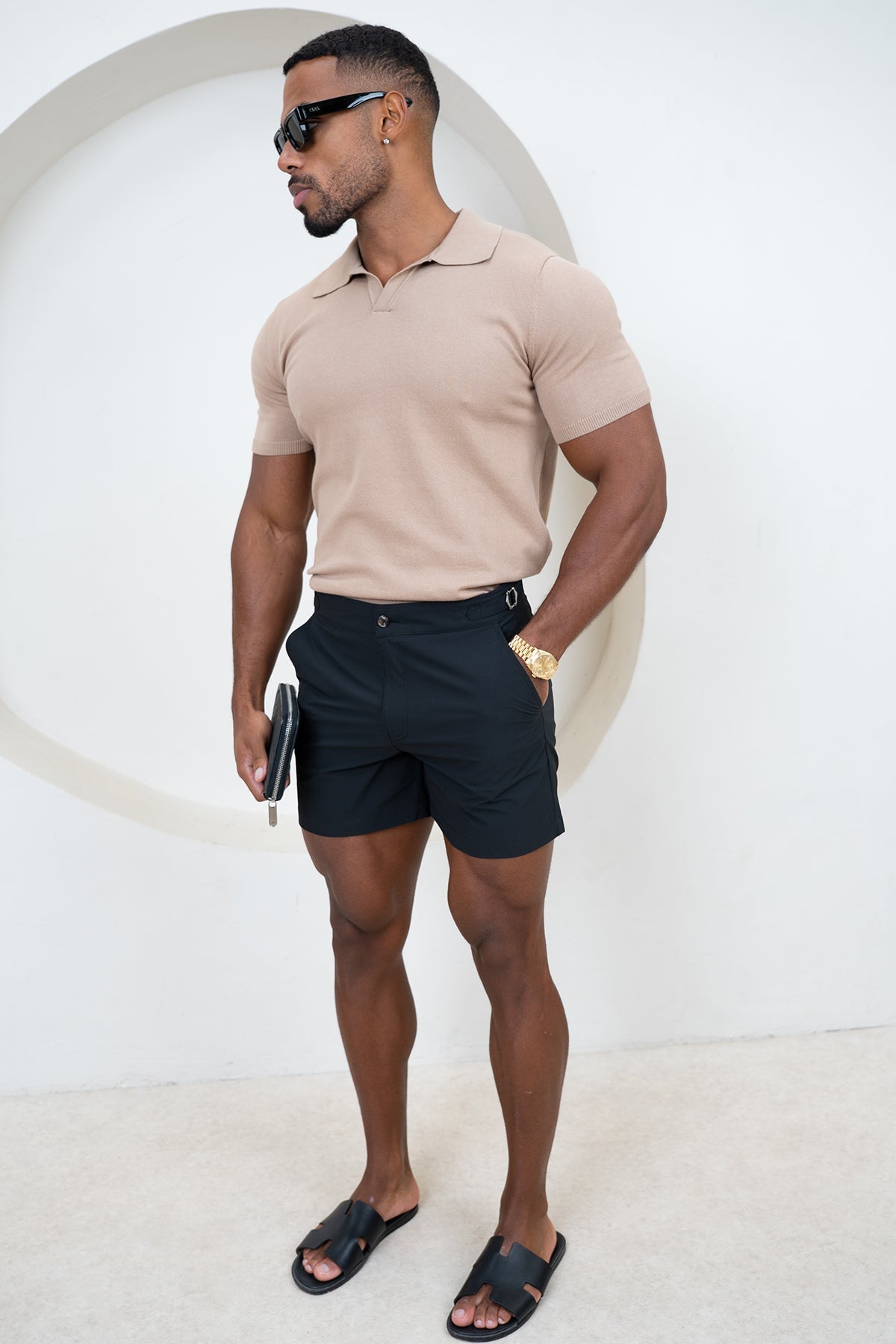 Slim Fit Knitted Open Neck Polo - Taupe